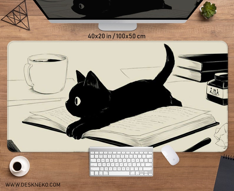 Black Cat desk mat cute mousepad, Anime aesthetic mouse pad, XXL gaming deskmat RGB LED, Coffee beige Kawaii manga, Matt with wrist rest image 1