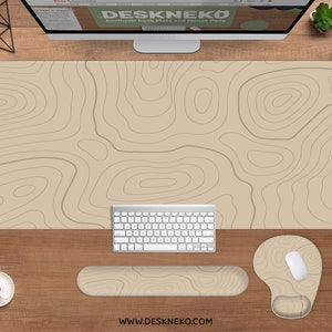 Beige Topographic Desk Mat, Large Mouse Pad, Topo map contour lines cream off white light sand brown, XXL rgb led gaming deskmat mousepad