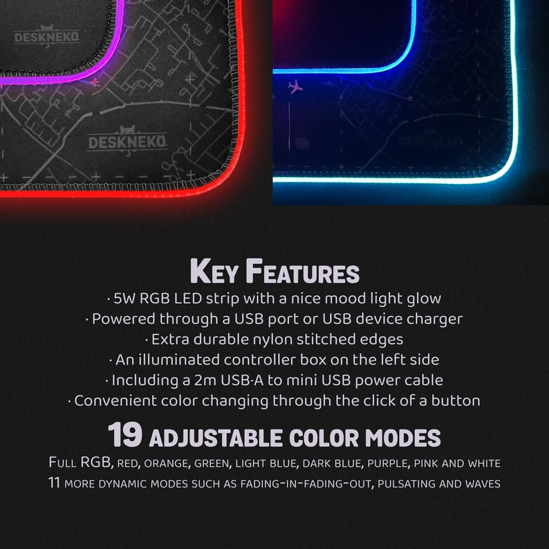 Op de afbeelding: Zwarte gaming muismat met een kaartontwerp en een oplichtende RGB LED rand. Voorzien van 19 instelbare kleurmodi, een USB-voedingskabel en duurzame nylon gestikte randen.