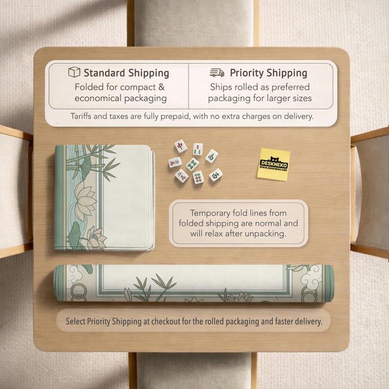 May include: A rolled-up and folded mat with a floral and bamboo design, along with a set of Mahjong tiles, sits on a wooden surface. The image includes text about shipping options and a logo that reads "DESKNEKO".