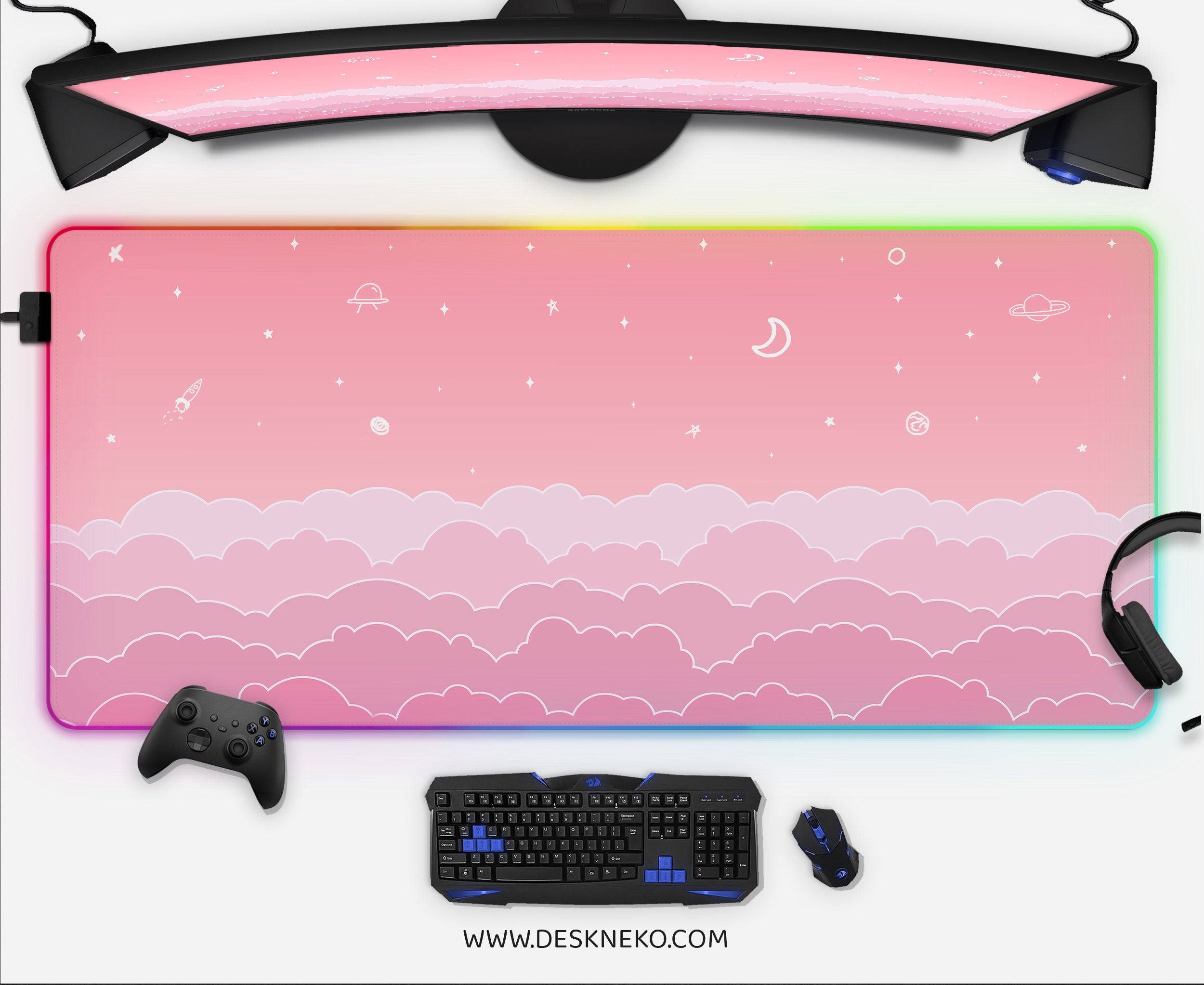 Kawaii Desk Mat Pink, Cute Mouse Pad Aesthetic, Pastel Clouds Sky ...