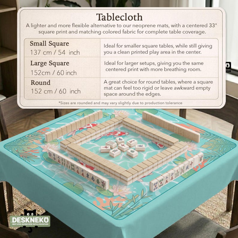 May include: A light blue tablecloth featuring a koi fish and lotus flower print, topped with a set of mahjong tiles arranged in a square formation. An informational chart above lists sizes including 137 cm / 54 inch and 152 cm / 60 inch options.