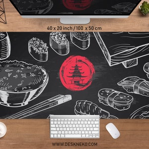 Japanese food desk mat, big gaming mousepad rgb led, xxl big extended deskmat, Black white red ramen noodle sushi, xl extra large mouse pad