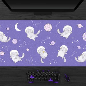 Kawaii Desk Mat xl, Cute Cats Mousepad xxl, large gaming mouse pad, pastels sky with horoscope star signs, extended keyboard mat (6 sizes)