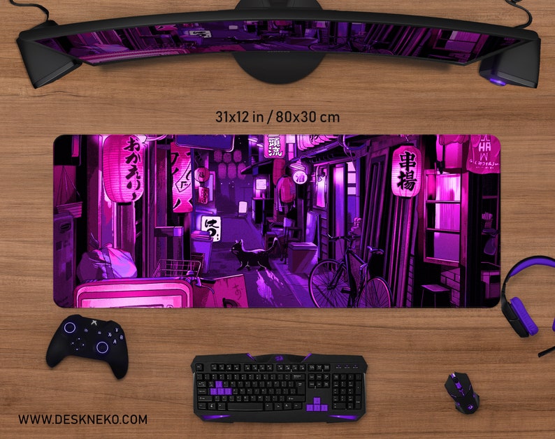 May include: A rectangular mousepad with a vibrant purple and black anime-style illustration of a Japanese street scene. The mousepad measures 31 x 12 inches. A black cat walks down the street, lit by lanterns.