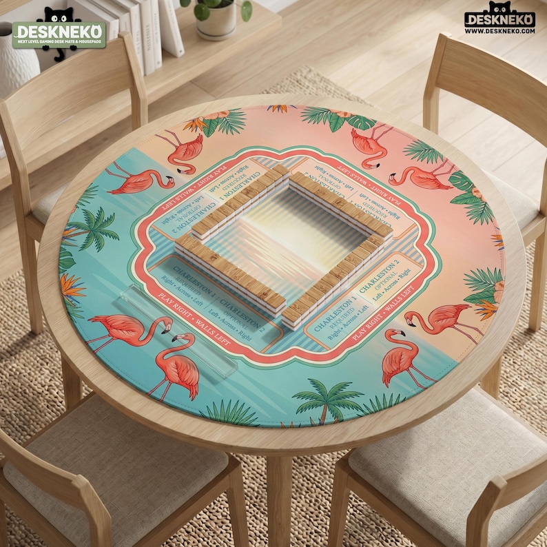 May include: A round game mat featuring a tropical theme with pink flamingos, green palm leaves, and orange flowers. The center displays a square wooden tile rack with game instructions printed in English, including the text DESKNEKO.