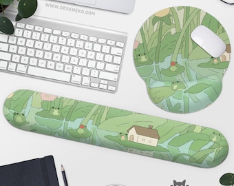 Alfombrilla de ratón de ranas con reposamuñecas, alfombrilla de ratón ergonómica bonita verde, estética verde claro kawaii, alfombrilla de teclado grande, regalo de alfombrilla de escritorio para jugadores