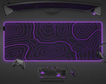 Purple Topographic Desk Mat, Large Mouse Pad minimalist, Topo world map contour lines dark black, XXL xl rgb led gaming deskmat mousepad