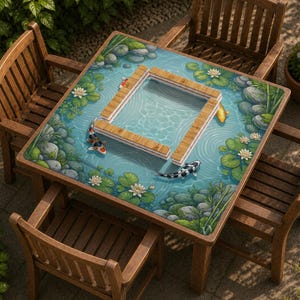 May include: A square wooden table featuring a printed surface design of a pond with koi fish, lily pads, and rocks. A rectangular wooden frame is positioned in the center of the table surface. Four wooden chairs are arranged around the table.