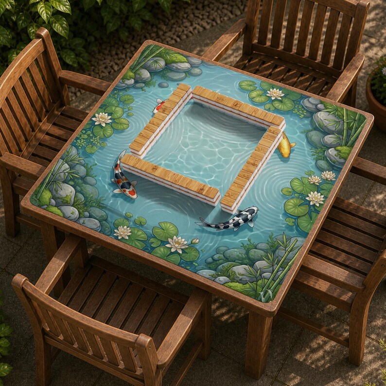 May include: A square wooden table featuring a printed surface design of a pond with koi fish, lily pads, and rocks. A rectangular wooden frame is positioned in the center of the table surface. Four wooden chairs are arranged around the table.