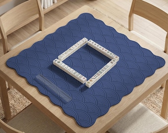 Mahjong Mat, Navy Blue Seigaiha Wave Tabletop Protector, Japanese Pattern Playmat for American Chinese Mahjong, Board Game Pad Gift