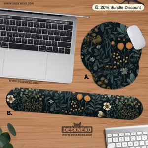 Plants Mouse pad: Floral Mousepad with wrist rest, Dark Nature Flower desk mat, Ergonomic keyboard support matt, Cute office decor gift