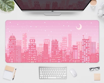 Pastel pink desk mat mousepad, Japanese skyline tokyo 8 bit pixel art, cute kawaii anime, xxl retro vaporwave gaming deskmat mouse pad xl