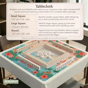May include: A square tablecloth featuring a tropical print with pink flamingos, green palm leaves, and orange hibiscus flowers. The center displays a mahjong game setup with tiles arranged in a square formation on a light blue and white striped surface.