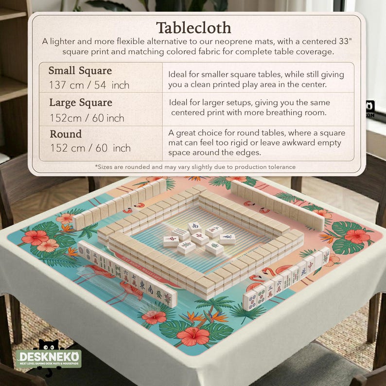 May include: A square tablecloth featuring a tropical print with pink flamingos, green palm leaves, and orange hibiscus flowers. The center displays a mahjong game setup with tiles arranged in a square formation on a light blue and white striped surface.