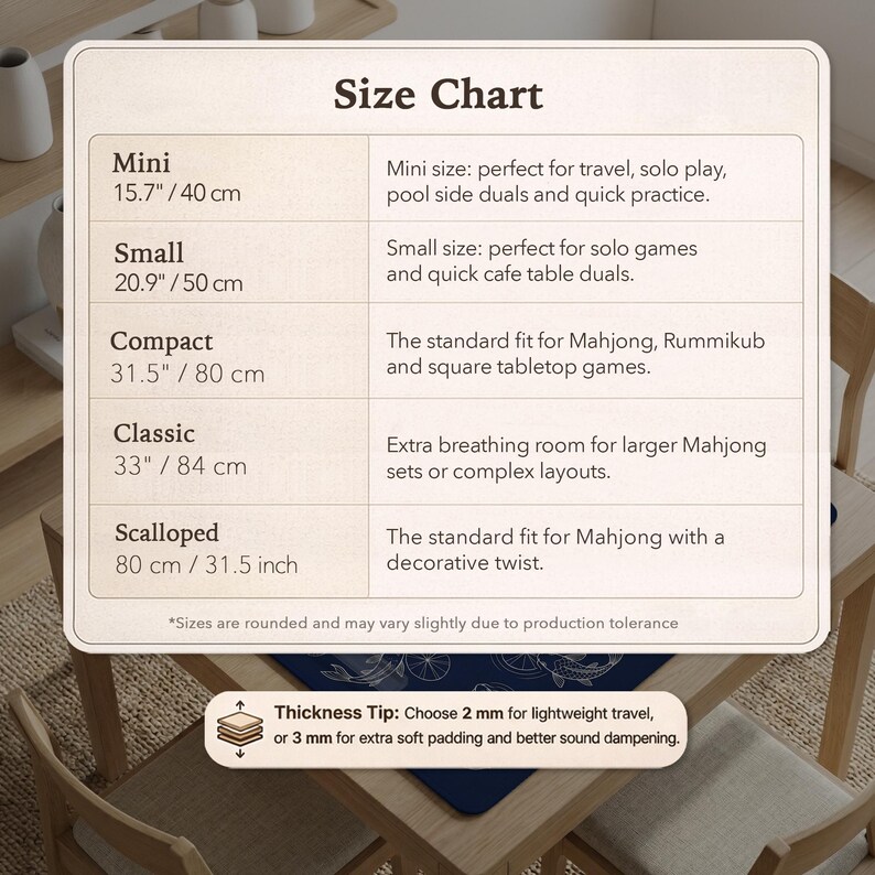 Puede incluir: Tabla de tallas para tapetes de Mahjong, que detalla las dimensiones de Mini (40 cm) a Scalloped (80 cm / 31,5 pulgadas). Incluye consejos de grosor para viajes y amortiguaci&oacute;n de sonido. La tabla est&aacute; sobre una mesa.