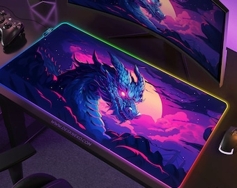 Dragon Mouse Pad LED: Extra Large Desk Mat RGB, Neon Purple Anime Deskmat keyboard matt, wireless charging mousepad xxl, Cyberpunk Vaporwave