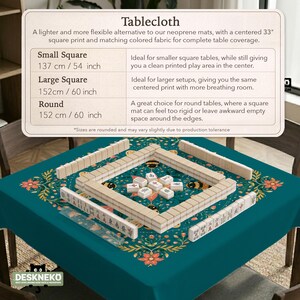 May include: A teal tablecloth featuring a floral pattern with bees, topped with a mahjong tile set. The image includes an informational chart titled Tablecloth, listing sizes: Small Square 137 cm / 54 inch, Large Square 152 cm / 60 inch, and Round 152 cm / 60 inch.