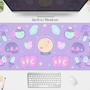 Pastel Goth Desk Mat Kawaii Mousepad, pastel purple lilac violet pink witchy wicca pattern, big led/rgb gaming deskmat xxl, small mousepad