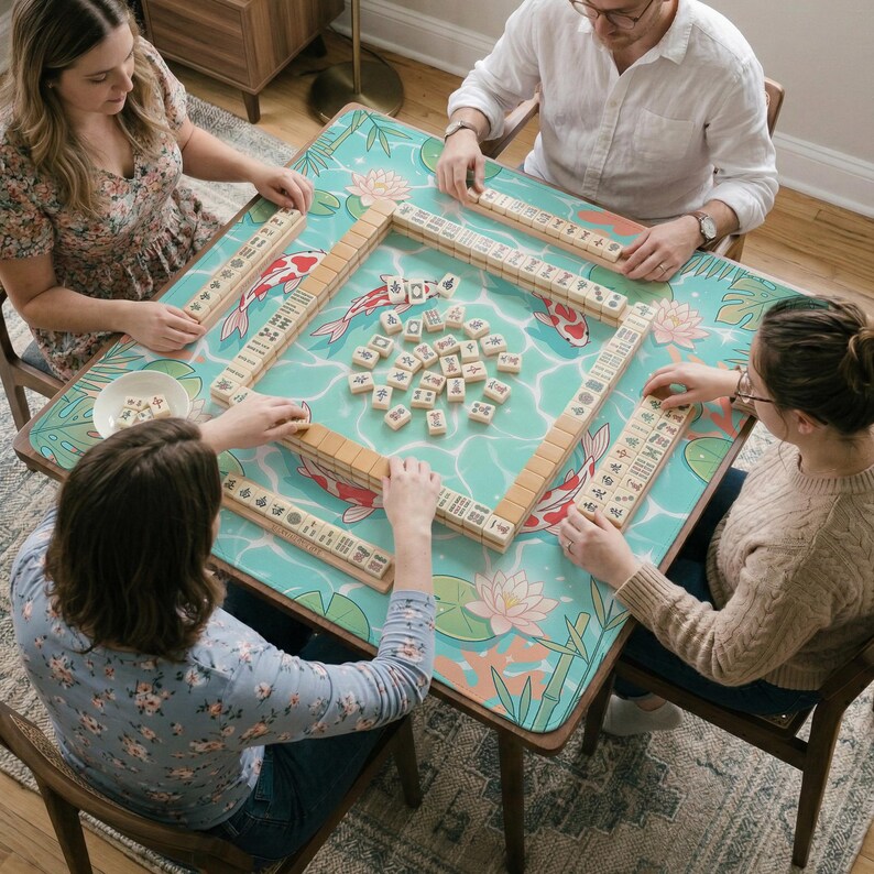 May include: A square mahjong table mat featuring a teal background with a koi fish and water lily pattern. The mat is covered with ivory-colored mahjong tiles arranged in a square perimeter and a central cluster, with additional tiles held by players.