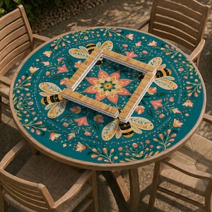 May include: A round table cover featuring a teal background with a repeating pattern of bees, pink flowers, and green foliage. A square wooden tile rack is placed in the center of the table, which is surrounded by four wooden chairs.