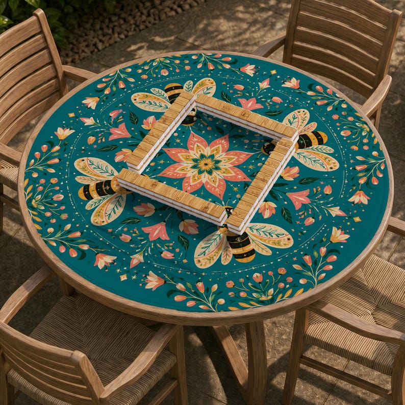 May include: A round table cover featuring a teal background with a repeating pattern of bees, pink flowers, and green foliage. A square wooden tile rack is placed in the center of the table, which is surrounded by four wooden chairs.