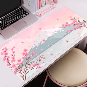 Fuji Cherry Blossom Desk Mat, Japanese Mouse Pad Cute, Minimal Kawaii ...