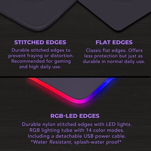 May include: A close-up of a gaming mouse pad with three edge designs: stitched, flat, and RGB-LED. The stitched edge is durable and prevents fraying. The flat edge is classic. The RGB-LED edge has LED lights and 14 color modes. Includes a USB power cable.
