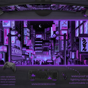 Gaming Mouse Pad, Anime Desk Mat, large mousepad xxl, keyboard mat rgb led, blue purple black Japanese vaporwave cyberpunk neon Tokyo city