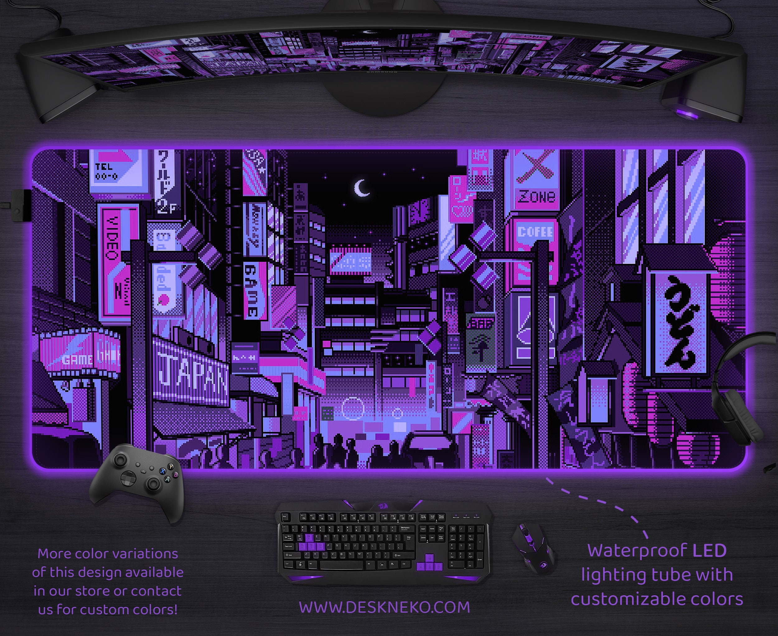 Gaming Mouse Pad, Anime Desk Mat, grande tappetino per mouse xxl, tappetino per tastiera rgb led, blu viola nero Vaporwave giapponese cyberpunk neon Città di Tokyo