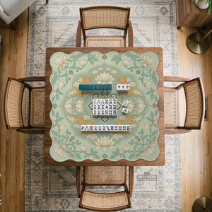 May include: Overhead view of a square wooden table with a green floral patterned mat, set for a game of Mahjong. The table is surrounded by four wooden chairs with woven cane backs and seats. The game pieces are visible on the mat.