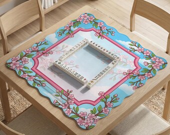 Tapis de Mahjong, Tapis de Mahjong Fleurs de Cerisier, Tapis de Jeu Floral Sakura, Tapis de Jeu de Société Bleu Ciel et Rose, Idée Cadeau de Voyage Élégante