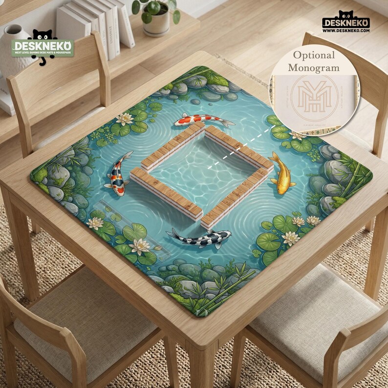 May include: A square desk mat featuring a pond scene with koi fish, lily pads, and rocks surrounding a central wooden frame graphic. The design includes a circular inset showing an optional monogram with the letters YM. The mat has a smooth surface.