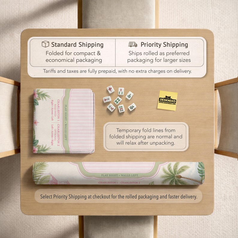May include: A mahjong mat featuring a light pink and green tropical palm leaf design, displayed in both folded and rolled formats. The mat includes text labels for Charleston 1 and 2, and Play Right Walls Left. Nine small white mahjong tiles are included.