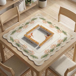 May include: A square table with a decorative mat featuring a koi fish and lotus flower design. The mat has a scalloped edge and a border with a gold geometric pattern. Wooden game pieces are arranged on the mat.