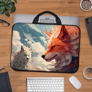 May include: Laptop sleeve featuring a vibrant illustration of two wolves against a cloudy sky. One wolf is fiery orange, the other is white. The sleeve has a black handle and trim. The text "DESKNEKO" is visible on the handle.