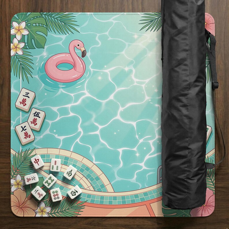 Mahjong Mat, Tropical Flamingo Poolside Table Mat, Aqua Pink Summer Mahjong Tablecloth Protector, Tabletop Game Play Mat, Travel Gift image 12