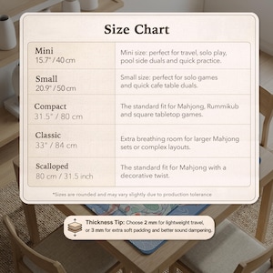 May include: A size chart for Mahjong mats, displaying measurements in both inches and centimetres. Sizes range from Mini (40 cm) to Scalloped (80 cm). The chart also provides a thickness tip for choosing the right mat for travel or sound dampening.
