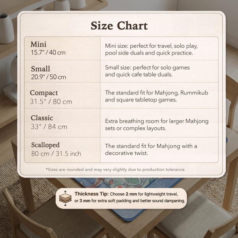 May include: A size chart for Mahjong mats, displaying measurements in both inches and centimetres. Sizes range from Mini (40 cm) to Scalloped (80 cm). The chart also provides a thickness tip for choosing the right mat for travel or sound dampening.