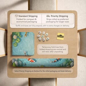 May include: A rectangular play mat featuring a koi pond illustration with lily pads and stones, shown both folded and rolled. Includes small white mahjong tiles, a yellow square note with the text DESKNEKO, and informational text boxes.