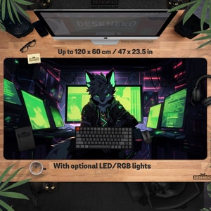 May include: Desk mat with a digital illustration of a wolf-like character in a futuristic setting with computer screens. The mat measures up to 120 x 60 cm and includes the text "With optional LED/RGB lights."