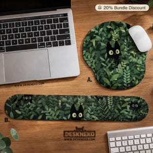 Cute Cats Mouse Pad: with Wrist Rest, Green Ergonomic Mousepad, Hand arm support, Kawaii anime plants, Keyboard Desk Mat Decor Accessories