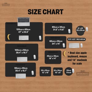 A detailed size chart for DeskNeko desk mat and mousepad options, ranging from small to extra large (XL, XXL, and 3XL) for any desk. Featured sizes include a 120x60cm (47"x23.5") extra large deskmat, as well as 100x60cm, 100x50cm, 90x40cm, 80x40cm, and 80x30cm. Smaller options like the 60x35cm and 45x35cm mouse pad are shown alongside a 20cm (8") circular mousepad. The guide also lists an ergonomic mouse pad at 23x25cm (9"x10") and a durable keyboard wrist rest at 44.5x8.5cm (17.5"x3.3").