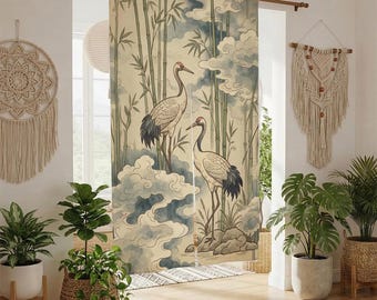 Cortina de puerta Noren, separador de entrada japonés, panel de bambú con diseño de grulla, decoración de entrada Japandi azul y beige, panel de decoración de interiores Zen.