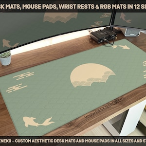 Japanese Desk Mat, Sage green Mousepad aesthetic, Clouds Koi fish sun art Japan, Matcha waves Large XXL Gaming Deskmat RGB LED mouse pad