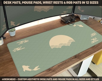 Japanische Schreibtischmatte, Salbei grün Mousepad Ästhetik, Wolken Koi Fische Sonne Kunst Japan, Matcha Wellen Groß XXL Gaming Deskmat RGB LED Mousepad