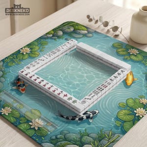 May include: A square mahjong mat featuring a pond illustration with koi fish, lily pads, and stones. A rectangular arrangement of white mahjong tiles with black and red characters sits in the center. A clear plastic ruler is visible on the left side.