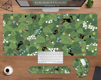 Cats in a tree Desk Mat, Green Mouse Pad cute, Kawaii anime aesthetic black cat forest plant, Keyboard wrist rest, XL large deskmat mousepad