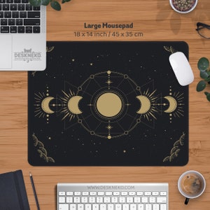 Himmlisches Mousepad, Mondphasen Mauspad, Schwarz und Gold Mondzyklus, Astrologie Tarot Sterne Weltraum Schreibtischmatte, Niedliche Mausmatte mit Handballenauflage