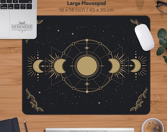 Celestial Mousepad, Moon phases mouse pad, Black and gold lunar cycle, Astrology tarot stars space deskmat, Cute mousemat with wrist rest